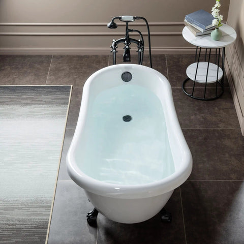 Slick Freestanding Clawfoot Tub Bundle Featuring Top Shelf Oil Rubbed Bronze Faucet And Drain Assembly All In One Premium Bathroom Soaking Package For Effortless Setup, top-down view with water.