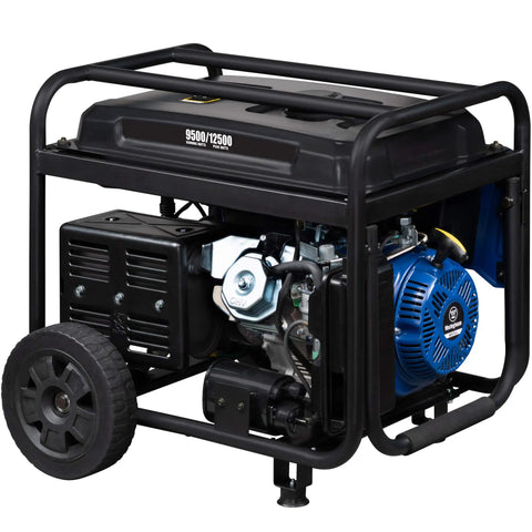 Gas Powered Portable Backup Generator With Remote Start And Auto Choke, 12500 Peak Watts, side view with wheels and engine visible