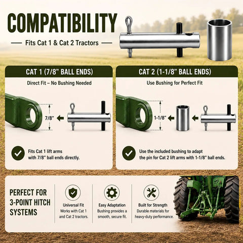 Easy Change Quick Hitch Main Pin Kit For 3 Point Tractors Cat 1 And Cat 2, Fits 7/8 Inch Ball Ends On Cat 1 Lift Arms And Includes Bushings To Adapt 1-1/8 Inch Ball Ends For Cat 2, Fast Install, Durable Steel.