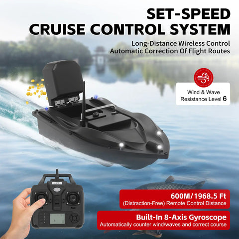 RC Fishing Bait Boat With GPS Positioning Long Range Remote Control Up To 1968 Feet, showing cruise control and remote.