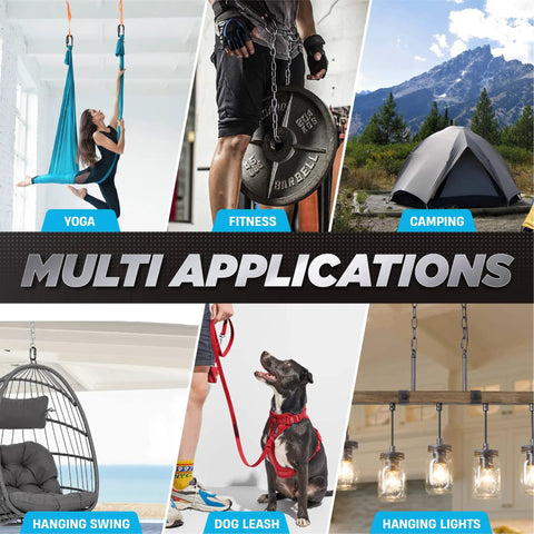 Multi applications of Eight Pack 2.3 Inch Chain Quick Links Heavy Duty Connectors Anti Rust 900 Lb Load Carabiners in use