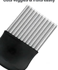 French fry slicer with large stainless steel wavy blade and black handle, angled front view