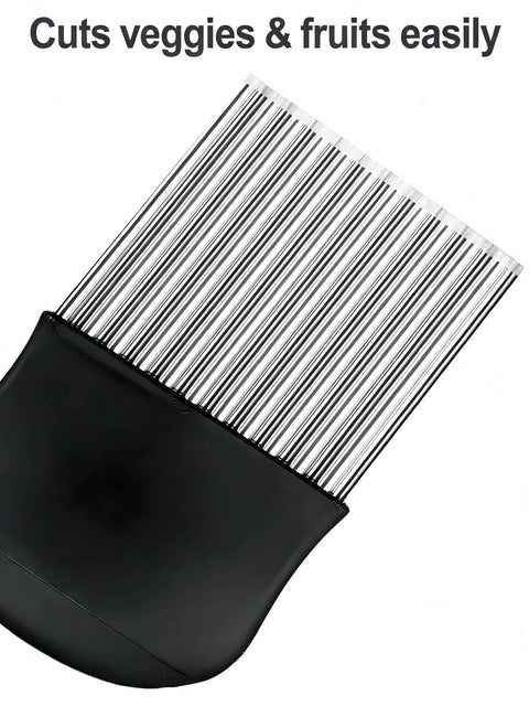 French fry slicer with large stainless steel wavy blade and black handle, angled front view