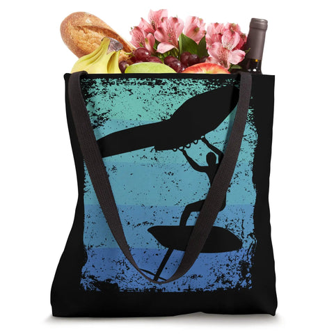 Dope Retro Wing Foil Wingsurfing Tote Bag For Men With Colorful Vintage Wingboarding Design filled with groceries