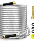 SPECILITE 50 ft stainless steel garden hose, front view, with 3/4 inch brass connectors and rubber grip no-expandable