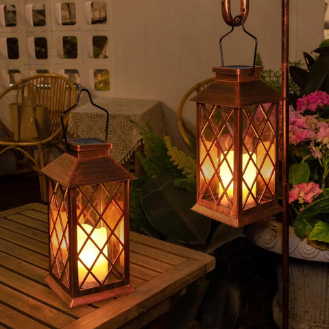 10 Inch Solar Outdoor Lanterns Set Waterproof Flickering Flameless Candles For Patio Garden Yard Party Decor In Antique Copper