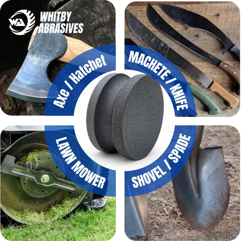 4 Inch Dual Grit Pro Grade Axe And Hatchet Sharpener Silicon Carbide Stone with images of tools it sharpens: axe, machete, lawn mower, shovel.