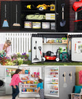 Heavy Duty Magnetic Mop And Broom Holder Rack With No Slip Wall Mount Movable Tool Organizer For Garage Kitchen Laundry And Garden 2 Pack Black For Indoor Outdoor Use shown in garage, garden, and laundry setting.