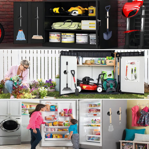 Heavy Duty Magnetic Mop And Broom Holder Rack With No Slip Wall Mount Movable Tool Organizer For Garage Kitchen Laundry And Garden 2 Pack Black For Indoor Outdoor Use shown in garage, garden, and laundry setting.