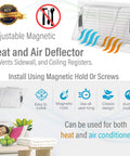 Adjustable Magnetic Air Vent Deflector For Ducts And Registers Stretch 10 To 16 Inches Fits Sidewall Ceiling And AC Vents Heavy-Duty No-Melt Plastic 10 Lb Pull Strength 2 Pack installation guide and features