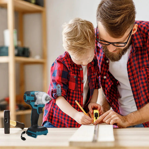 Heavy Duty Cordless Brushless Impact Wrench Kit With Rechargeable Battery, 520Nm Torque Quick Change Chuck used in home project with child.