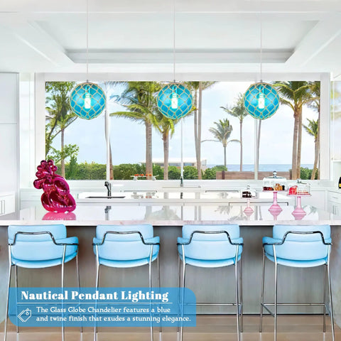 Blue Glass Coastal Pendant Light With Hemp Rope For Beach House Nautical Decor One Light Hanging Fixture Over Kitchen Island
