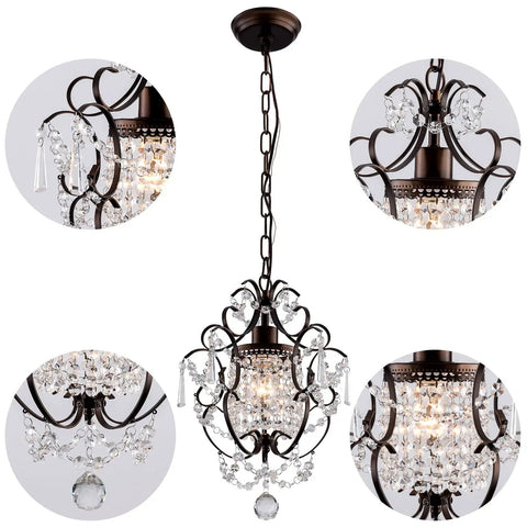 Modern Mini Crystal Chandelier With Iron Bronze Finish Ceiling Mount 1 Light Lighting Fixture for bedroom, close-up details