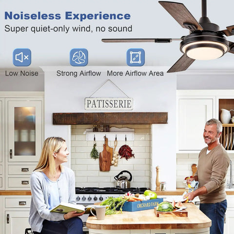 Top Shelf 42 Inch Ceiling Fan With Led Light And Smooth Quiet Motor Reversible Walnut Blades Remote Control Operation indoor kitchen setting.
