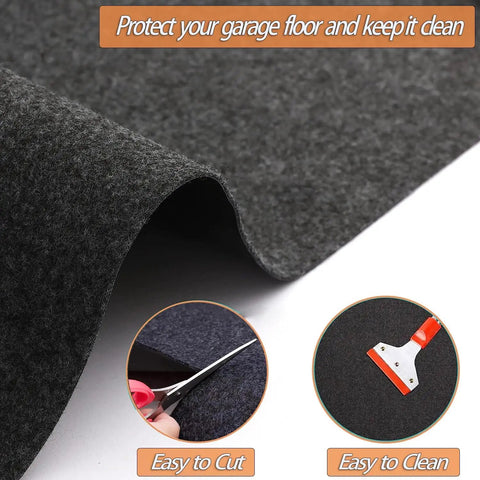Close-up of 6.6 By 8.5 Foot Garage Floor Mat For Under Cart And Golf Cart Parking Oil Spill Mat with felt material and cutter.