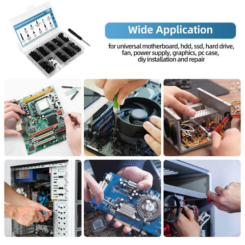 400Pcs Computer Screws Assortment Kit with Screwdriver and Standoffs for DIY Build and Repair, shown in use on PC components