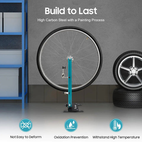 Pro Bike Wheel Truing Stand With Removable Spoke Wrench, durable high carbon steel, indoor setup with bicycle wheel alignment tool.