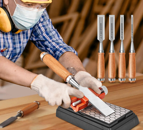 Heavy Duty Chisel Sharpener Jig With Integrated Whetstone And Adjustable Honing Guide For Woodworking Blades in use with chisels.