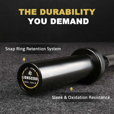 Close-up of black Beefy Heavy Duty 4 Foot Barbell For Strength Training And Olympic Lifts, 2 Inch Sleeve with retention system, 500 lb capacity.
