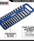 Blue Magnetic Socket Organizer Set for 1/4 Inch Drives, Holds 26 Sockets, Shallow and Deep SAE and Metric, Quick Access in Tool Box.