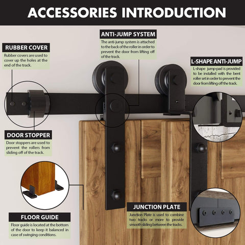 Diagram of Black Rustic Single Track Bypass Sliding Barn Door Hardware Kit For Three Doors with labeled accessories