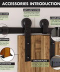 Black Rustic Single Track Bypass Sliding Barn Door Hardware Kit For Two Doors, showing rubber cover, floor guide, anti-jump system
