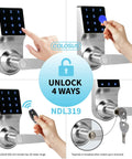 No More Keys Keyless Door Lock With Touchscreen Key Fobs Remote Control And PIN Entry For Home Office Or Commercial Use Four Entry Modes RFID Easy Install Durable Silver Finish showing four entry methods.