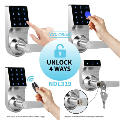 No More Keys Keyless Door Lock With Touchscreen Key Fobs Remote Control And PIN Entry For Home Office Or Commercial Use Four Entry Modes RFID Easy Install Durable Silver Finish showing four entry methods.