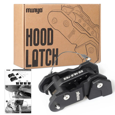 Aluminum Hood Latches Replacement For Jeep Wrangler JK/JKU 2007-2017, JL/JLU 2018+ And Gladiator 2020+, Painted Black, box and product close-up