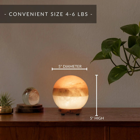 Dual Illumination Himalayan Salt Lamp Round Globe In Pink White Gray With Dimmable Adjustable Glow on wood stand