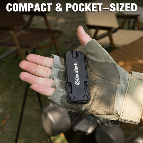 Go-To 16 In 1 Multitool Knife For Outdoors And EDC in gloved hand, compact design, shown closed, ideal for camping and hiking.