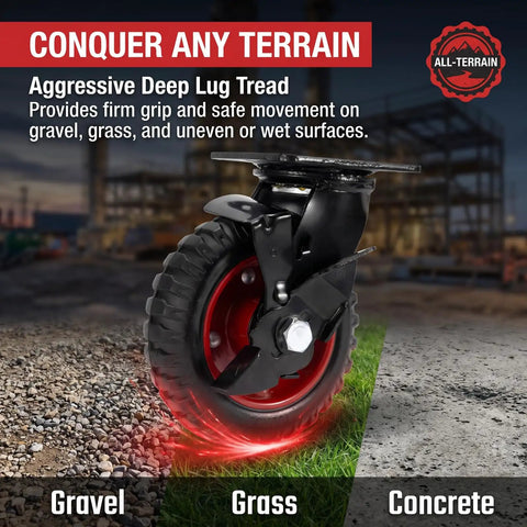 Heavy Duty 5 Inch Rubber Caster Wheels Set Of 4, Tough As Nails Steel Core Swivel Castors with deep lug tread for gravel grass concrete.