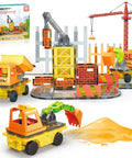 Magnetic Construction Vehicle Tiles Set 5 In 1 with crane, excavator, dump truck, ladder truck, displayed on playmat with box for kids.