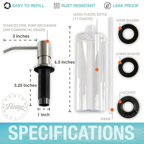 Specifications of Top Fill Built In Kitchen Soap Dispenser With Stainless Steel Pump 17 Ounce Bottle Mounts To Sink Counter
