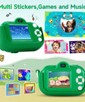 Awesome 48MP Dual Lens Kid Camera For Ages 3 To 9 With 1080P HD Video Selfie 32GB SD Card, green camera with games and music.