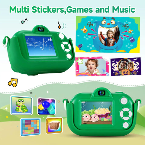 Awesome 48MP Dual Lens Kid Camera For Ages 3 To 9 With 1080P HD Video Selfie 32GB SD Card, green camera with games and music.