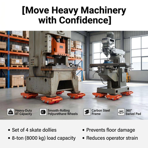 Heavy Duty Machinery Dolly For Industrial Equipment, Reinforced Carbon Steel Cart With 360 Degree Swivel And Four Large Casters, 8-ton capacity