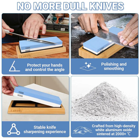 Image showing the Dual Grit Knife Sharpener Whetstone Set With 1000/6000 Grit Bamboo Base, Non Slip Holder, Angle Guide and Leather Strop Kit.
