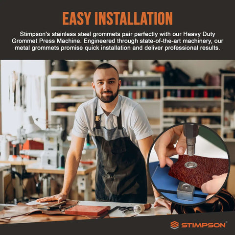 Craftsman using Self-Piercing Grommet And Washer Set In 304 Stainless Steel Built To Last For Tarps, Fabric, Leather, And Banners.