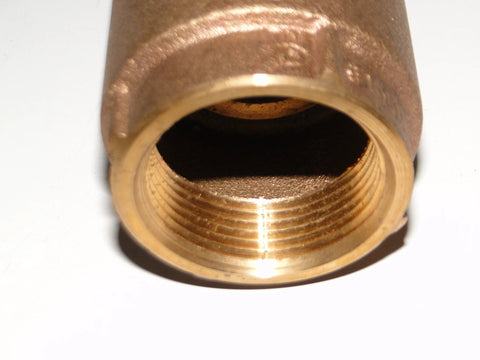 Brass 1-inch female-threaded check valve end, close-up view, with visible internal bore.