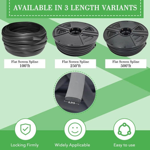 0.315 Inch Flat Screen Spline Roll 100 Feet Black Vinyl Retainer For Door And Window Mesh Mosquito Net Fixing Screen Door Repair And Replacement Spline Weatherproof Heavy Duty Spline For Outdoor Use, showing 100ft, 250ft, and 500ft variants