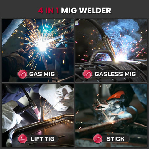 All In One 165A MIG Welder For 110V 220V 4 In 1 Gas Or Flux Core MIG Lift TIG And Stick Weld Modes in action with sparks