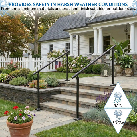 Hella Sturdy Aluminum Round Stair Handrail Kit For Indoor Outdoor Steps And Porch Deck With Rock Solid 800 Pound Load Capacity Built Tough Textured Black Railing mounted on stone steps in a garden.