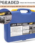Heavy Duty Torque Multiplier Wrench Set With 1 Inch Drive And 8 CR-V Sockets Labor Saving Lug Nut Remover Tool Kit in blue case.