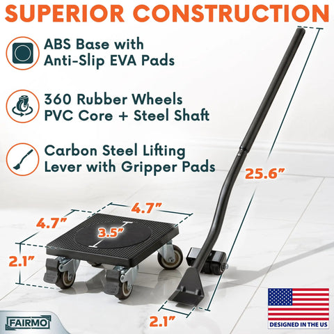 Premium Heavy Duty Furniture Mover Set With Locking Castors features ABS base, rubber wheels, and carbon steel lever for easy movement.