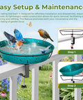 Built Tough Deck Mounted Bird Bath For Balcony Railing With Adjustable Secure Clamp, lake blue metal bowl with birds splashing.