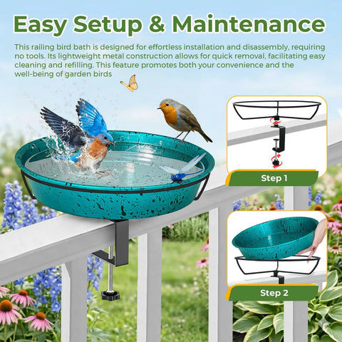 Built Tough Deck Mounted Bird Bath For Balcony Railing With Adjustable Secure Clamp, lake blue metal bowl with birds splashing.
