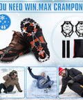 Beefed Up Crampons For Shoes With 19 Stainless Steel Spikes Ice Snow Traction Grips shown with hiking boots and accessories.