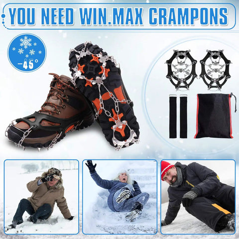 Beefed Up Crampons For Shoes With 19 Stainless Steel Spikes Ice Snow Traction Grips shown with hiking boots and accessories.