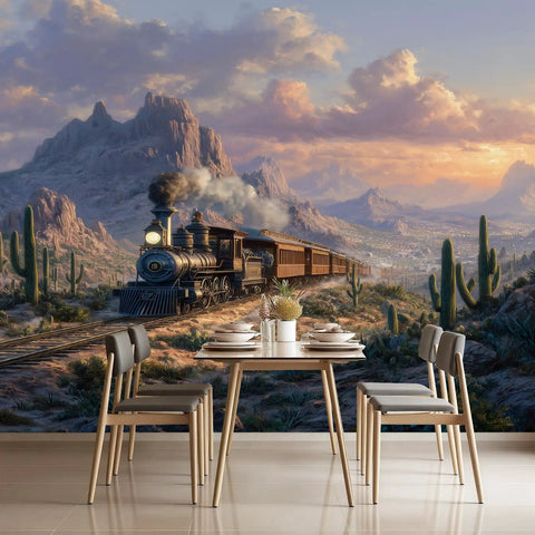 Steam Train Wall Mural Peel And Stick Vintage Locomotive Wall Art Removable Waterproof Self Adhesive Wallpaper desert scene